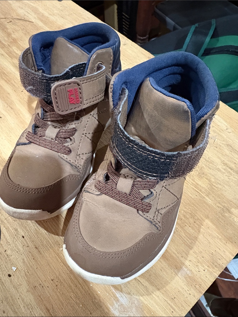 Stride Rite Brown High-Top Sneakers with Blue Collar